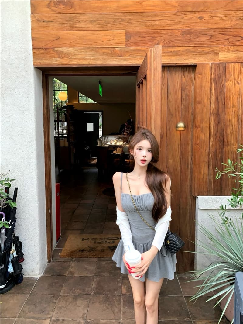 실사 이른 가을 사랑 포괄적 인 작은 흰색 꽃 V넥 레이스 슬립 드레스 드레스 부드럽다 기초 부드러운 느긋한 오픈 가디건 상세 이미지 7