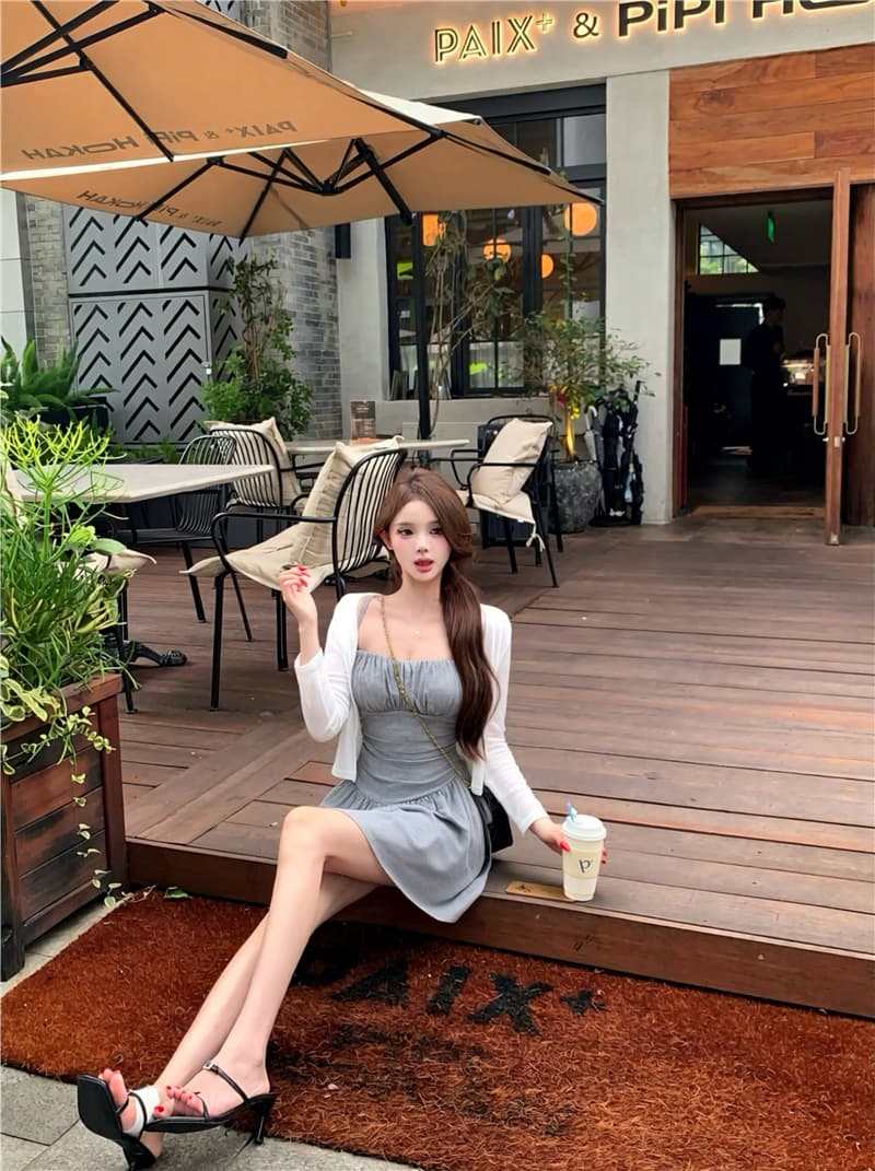 실사 이른 가을 사랑 포괄적 인 작은 흰색 꽃 V넥 레이스 슬립 드레스 드레스 부드럽다 기초 부드러운 느긋한 오픈 가디건 상세 이미지 8