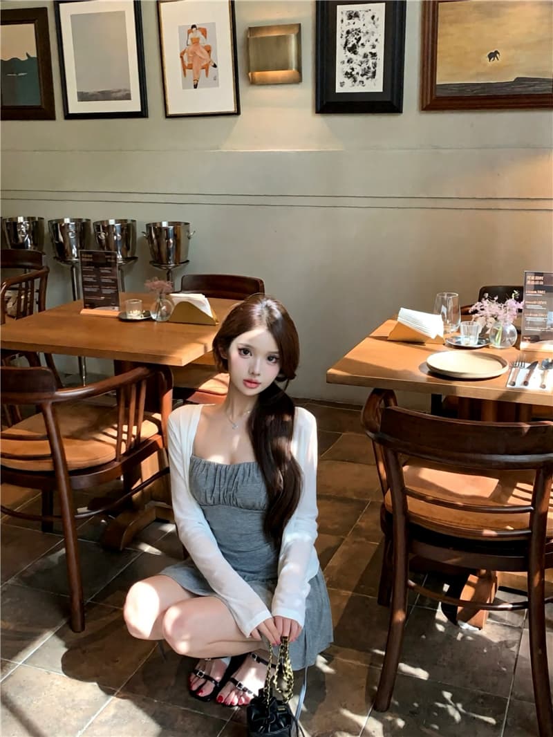 실사 이른 가을 사랑 포괄적 인 작은 흰색 꽃 V넥 레이스 슬립 드레스 드레스 부드럽다 기초 부드러운 느긋한 오픈 가디건 상세 이미지 11