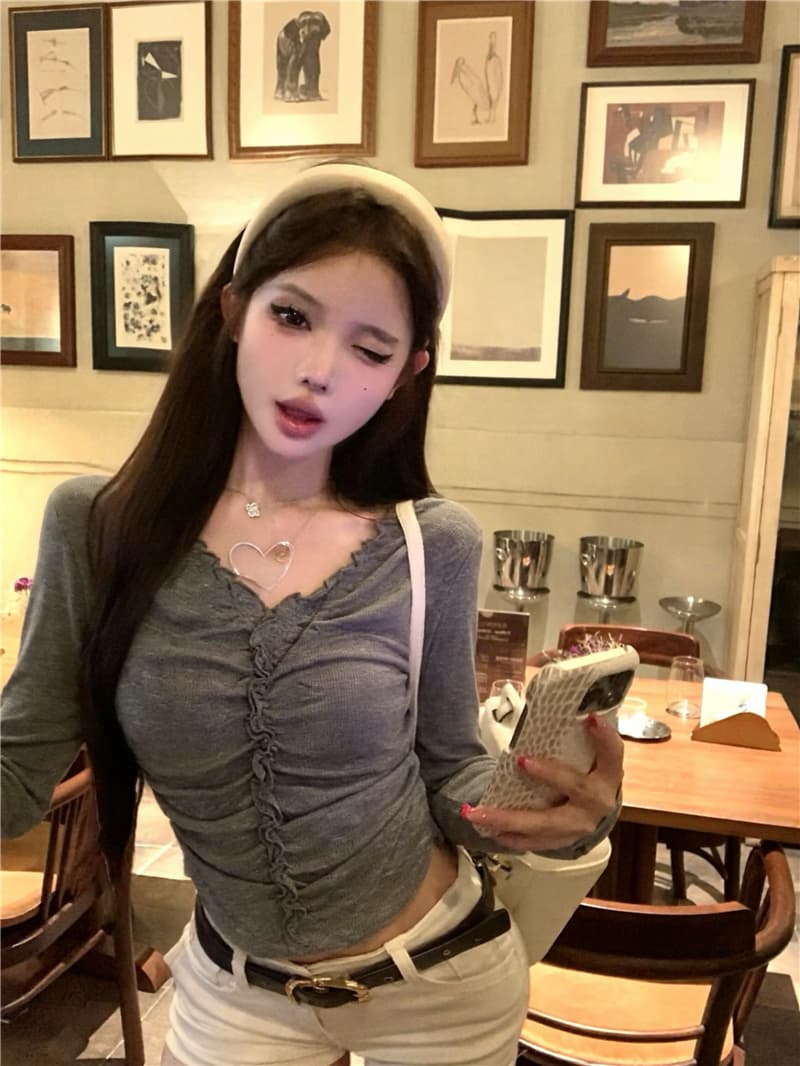 실사 이른 가을 발레 바람 슬림해 보이는 V넥 레이스 디자인 센스 티셔츠 긴팔 이미지 3