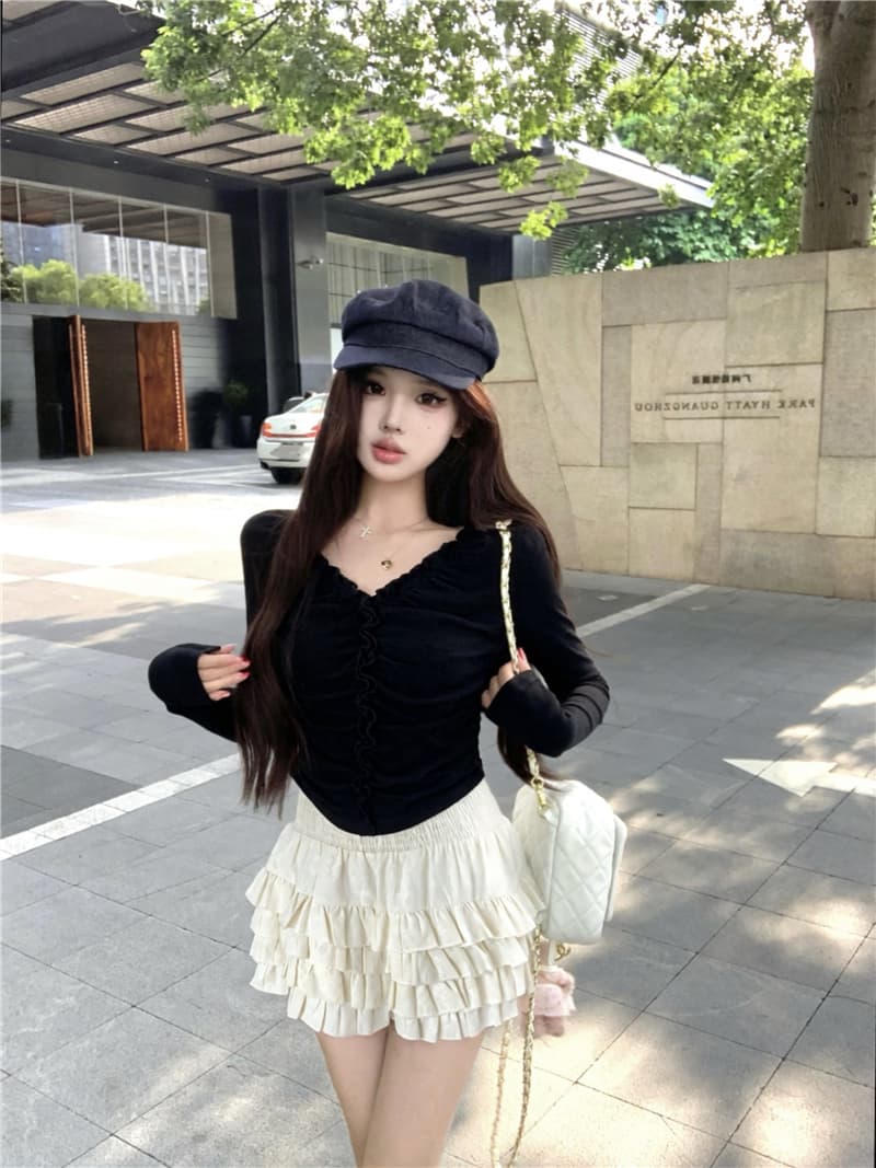 실사 이른 가을 발레 바람 슬림해 보이는 V넥 레이스 디자인 센스 티셔츠 긴팔 이미지 2