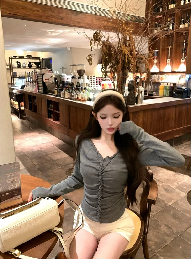 실사 이른 가을 발레 바람 슬림해 보이는 V넥 레이스 디자인 센스 티셔츠 긴팔 상세 이미지 9