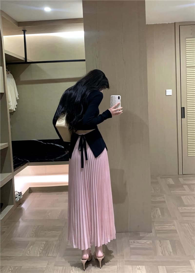 실사 이른 가을 빛 럭셔리 고급 프랑스식 광장 칼라 뒤로 스트랩 니트 맨위 핑크색 부드러운 대 치마 롱 스커트 이미지 2