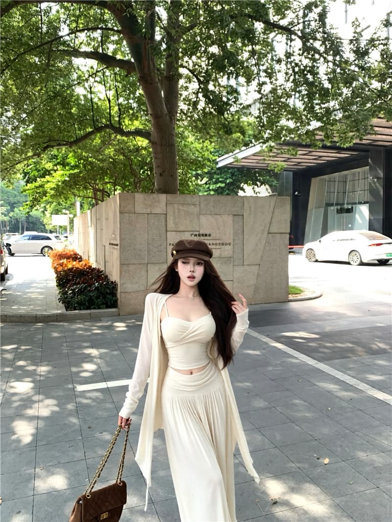 실사 이른 가을 라이 경기 서울 비틀림 슬립 힙 칼라 오픈 가디건 패치워크 반신 스커트 3종 세트