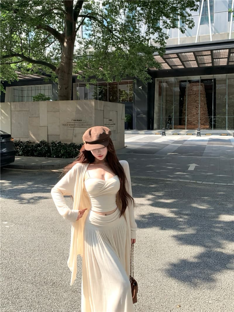 실사 이른 가을 라이 경기 서울 비틀림 슬립 힙 칼라 오픈 가디건 패치워크 반신 스커트 3종 세트 상세 이미지 6