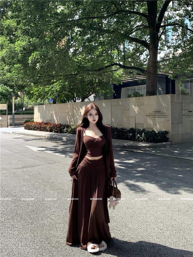 실사 이른 가을 라이 경기 서울 비틀림 슬립 힙 칼라 오픈 가디건 패치워크 반신 스커트 3종 세트 상세 이미지 8