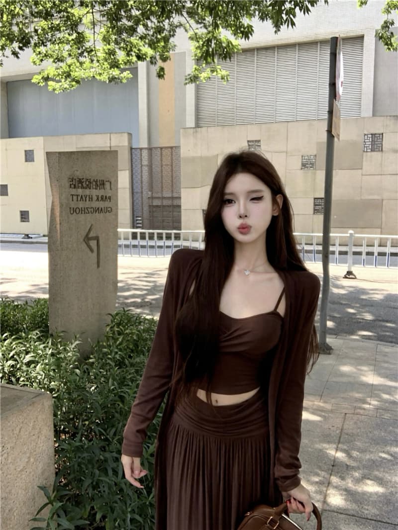 실사 이른 가을 라이 경기 서울 비틀림 슬립 힙 칼라 오픈 가디건 패치워크 반신 스커트 3종 세트 상세 이미지 9