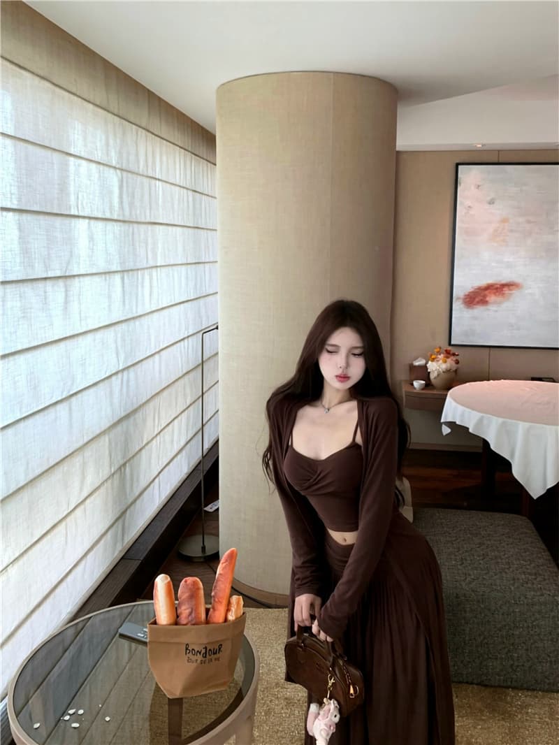 실사 이른 가을 라이 경기 서울 비틀림 슬립 힙 칼라 오픈 가디건 패치워크 반신 스커트 3종 세트 상세 이미지 14