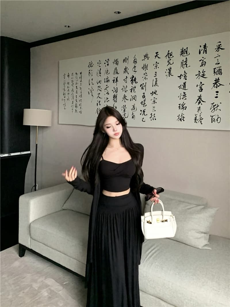 실사 이른 가을 라이 경기 서울 비틀림 슬립 힙 칼라 오픈 가디건 패치워크 반신 스커트 3종 세트 상세 이미지 15
