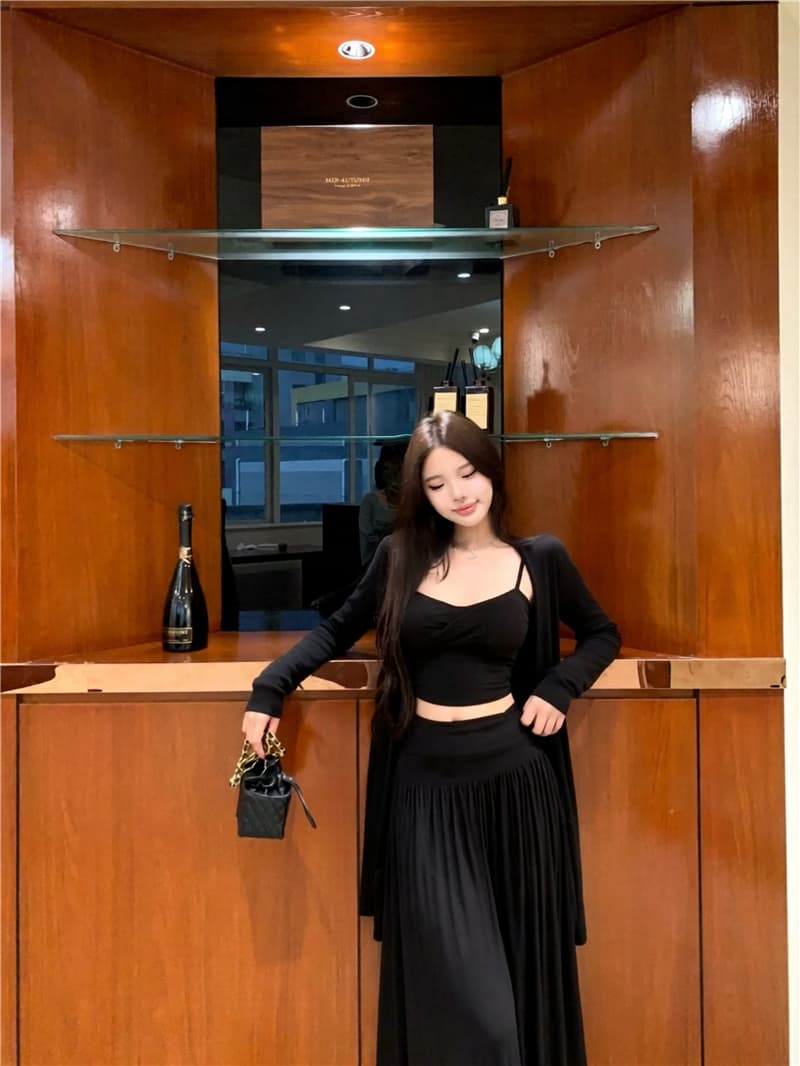 실사 이른 가을 라이 경기 서울 비틀림 슬립 힙 칼라 오픈 가디건 패치워크 반신 스커트 3종 세트 상세 이미지 16