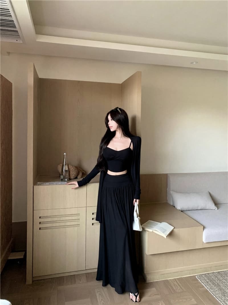실사 이른 가을 라이 경기 서울 비틀림 슬립 힙 칼라 오픈 가디건 패치워크 반신 스커트 3종 세트 상세 이미지 18