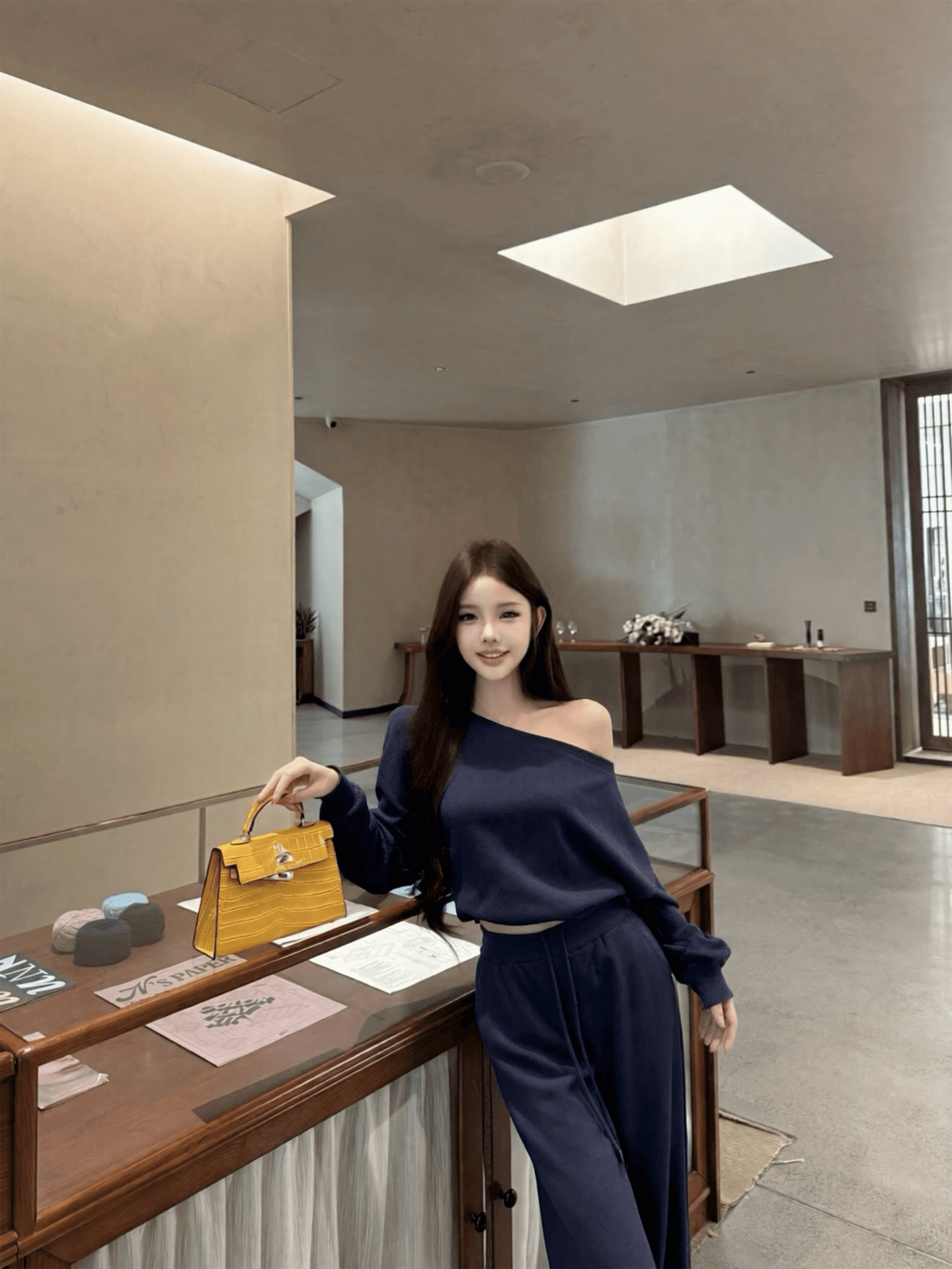 실사 이른 가을 후아 남편 그리드 비스듬한 어깨 긴팔 후드티 여성 스트레이트 루즈핏 캐주얼 바지 세트 가을 이미지 4