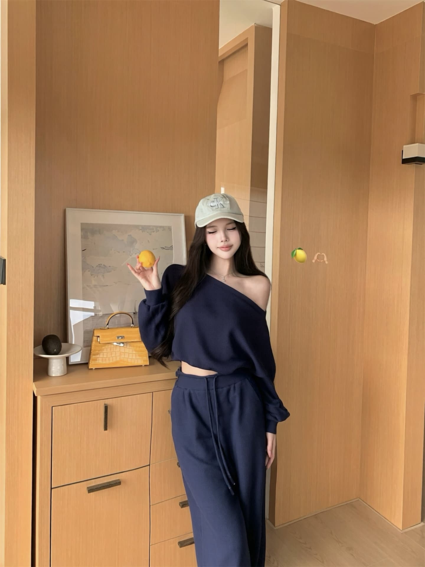 실사 이른 가을 후아 남편 그리드 비스듬한 어깨 긴팔 후드티 여성 스트레이트 루즈핏 캐주얼 바지 세트 가을 상세 이미지 5