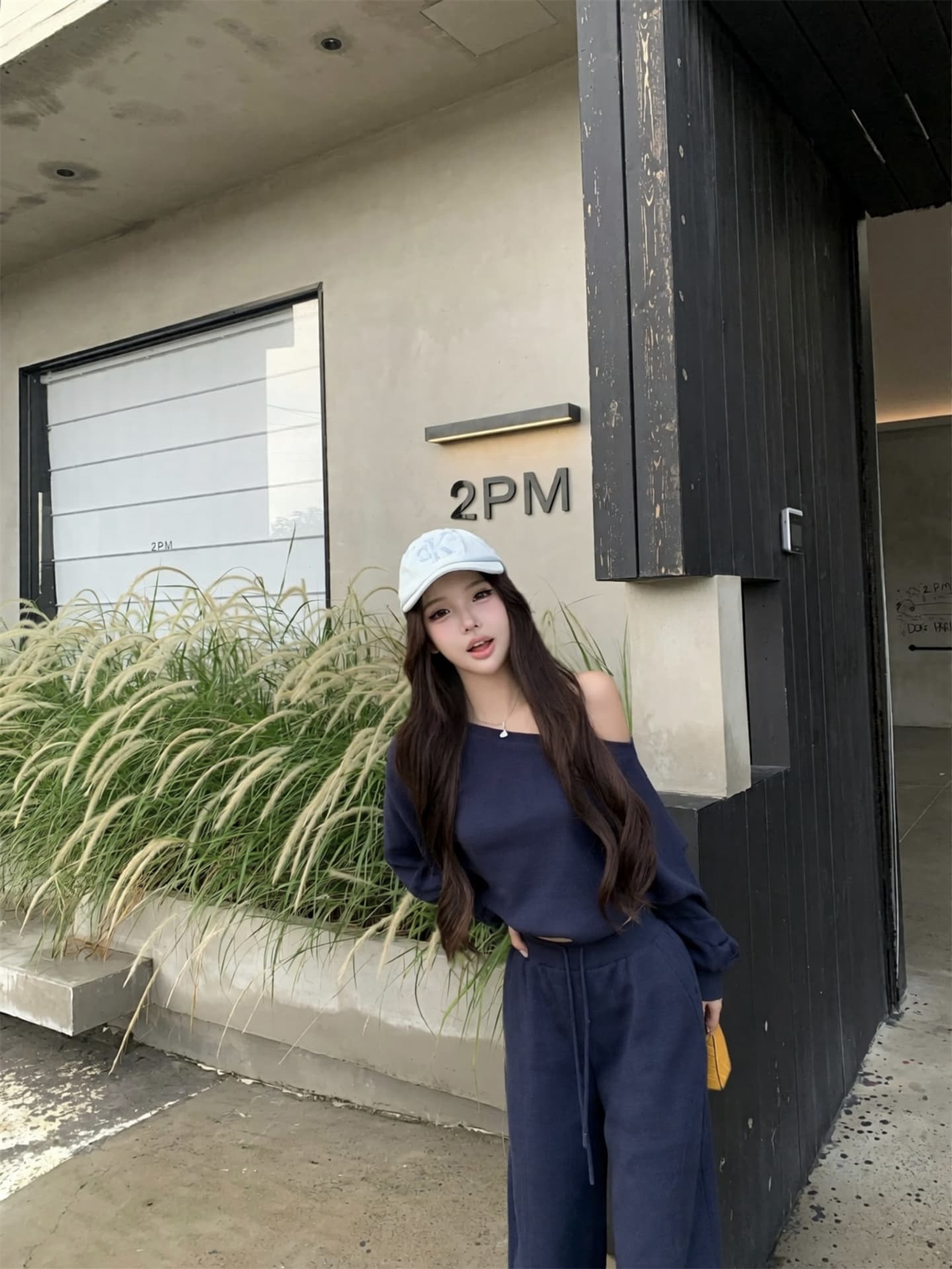 실사 이른 가을 후아 남편 그리드 비스듬한 어깨 긴팔 후드티 여성 스트레이트 루즈핏 캐주얼 바지 세트 가을 상세 이미지 6