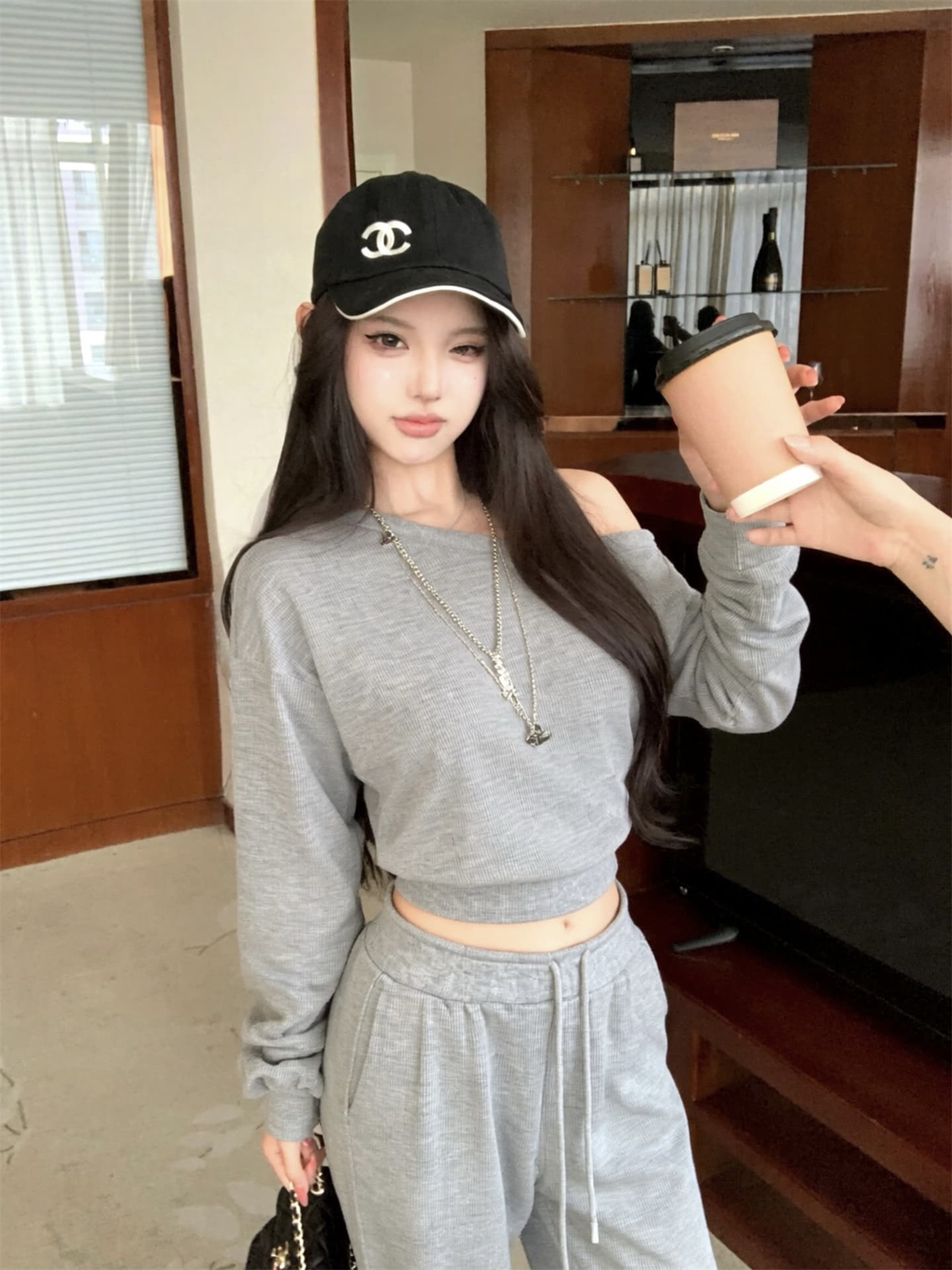 실사 이른 가을 후아 남편 그리드 비스듬한 어깨 긴팔 후드티 여성 스트레이트 루즈핏 캐주얼 바지 세트 가을 상세 이미지 7