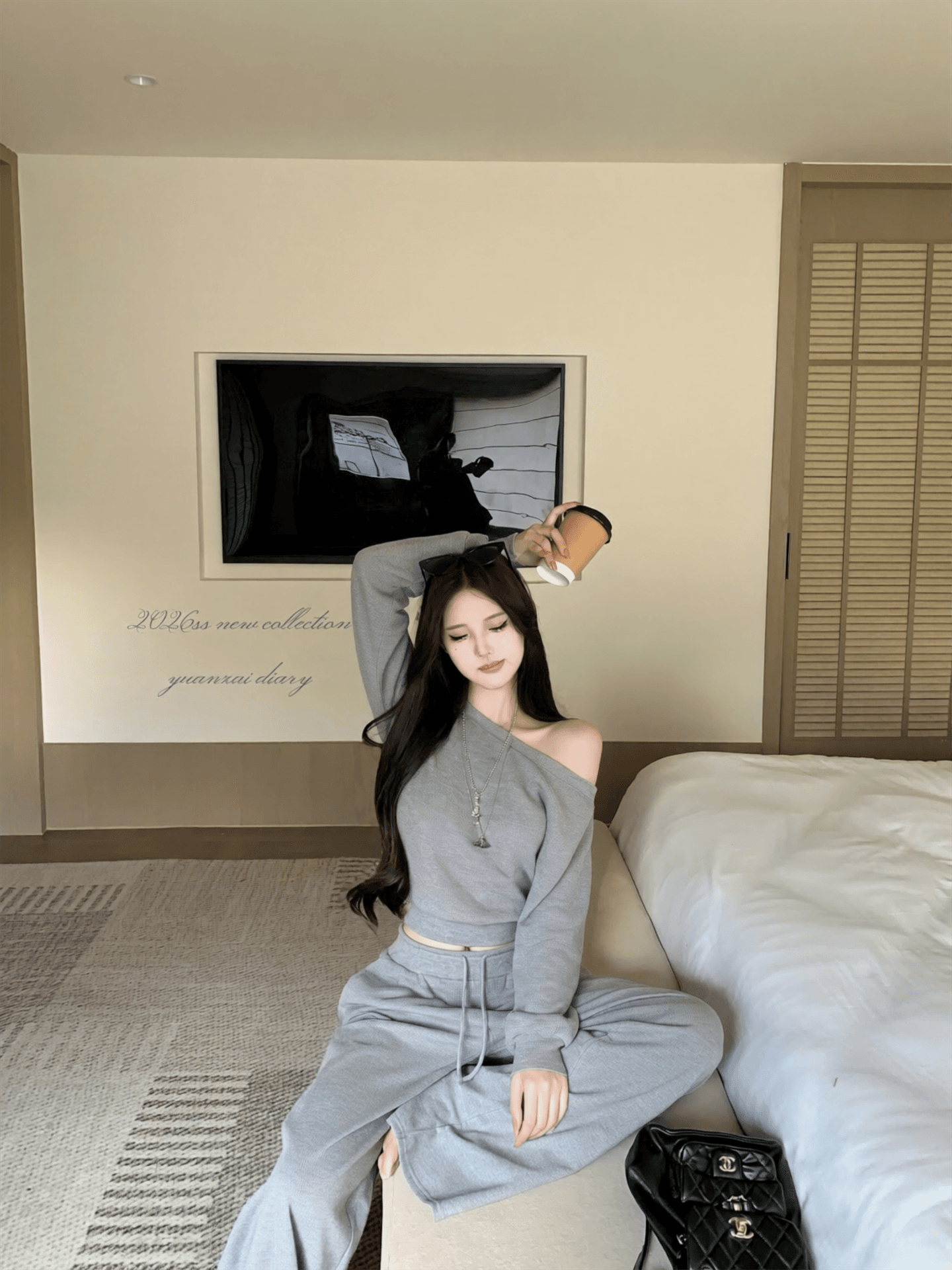 실사 이른 가을 후아 남편 그리드 비스듬한 어깨 긴팔 후드티 여성 스트레이트 루즈핏 캐주얼 바지 세트 가을 상세 이미지 8