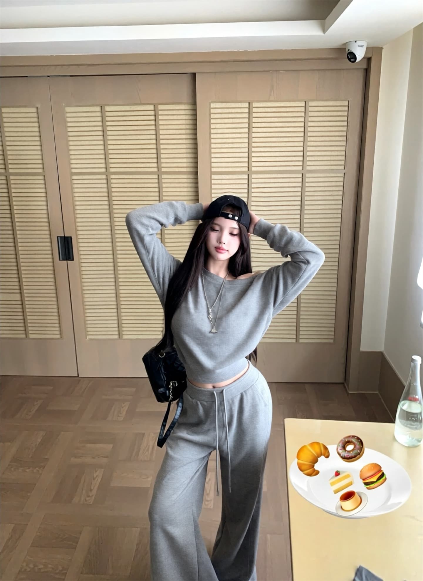 실사 이른 가을 후아 남편 그리드 비스듬한 어깨 긴팔 후드티 여성 스트레이트 루즈핏 캐주얼 바지 세트 가을 상세 이미지 11