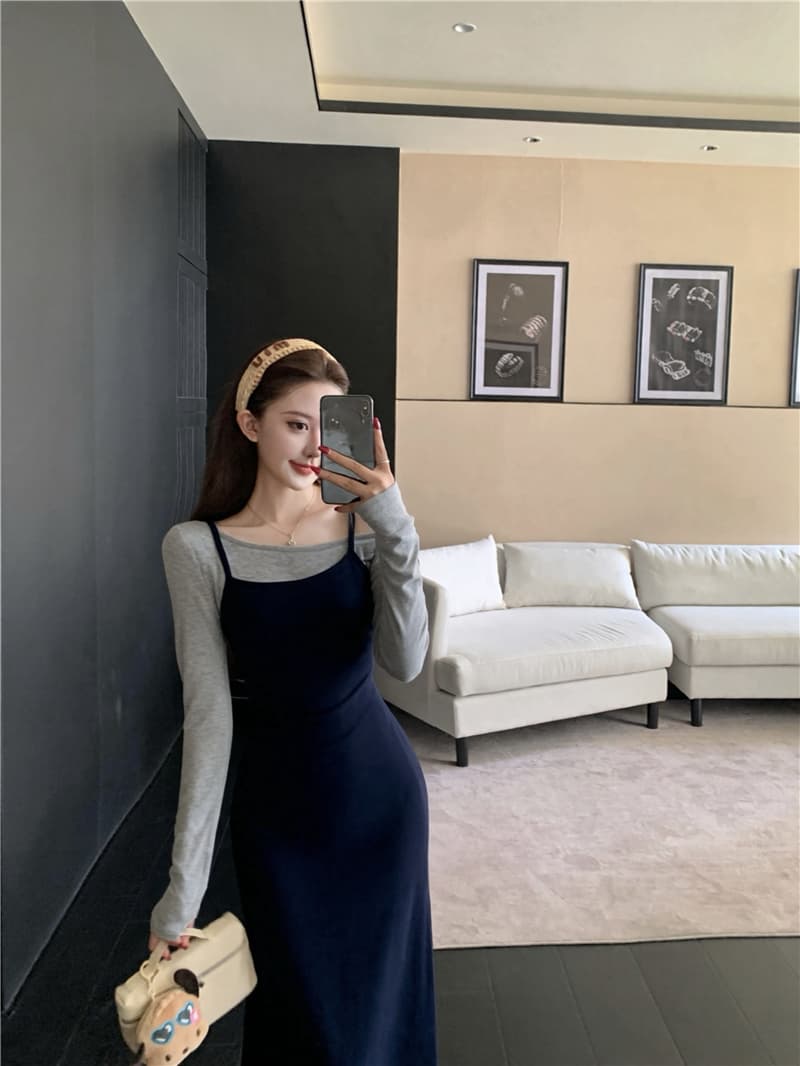 실사 이른 가을 작은 대중 배색 슬림해 보이는 허리 수축 품격 페이크 레이어드 긴팔 슬립 드레스 상세 이미지 3