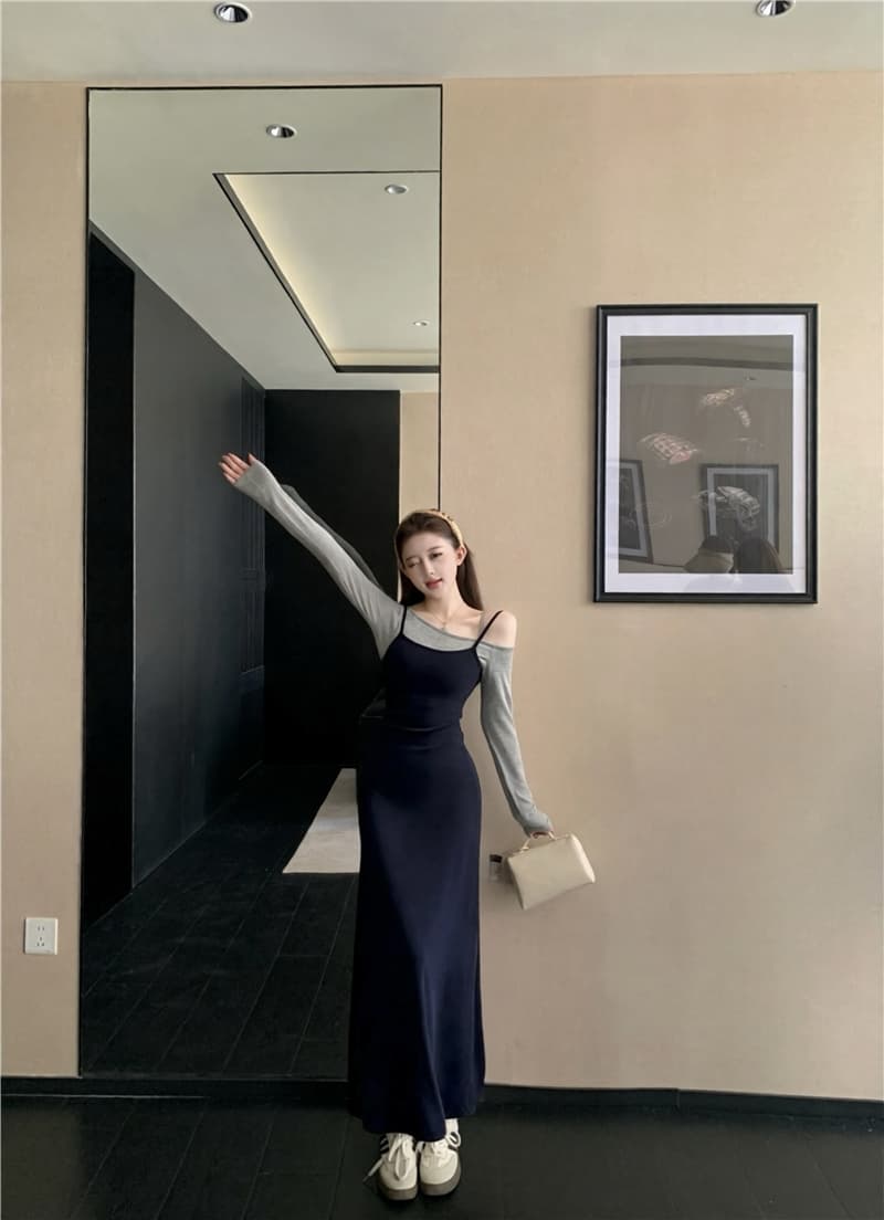 실사 이른 가을 작은 대중 배색 슬림해 보이는 허리 수축 품격 페이크 레이어드 긴팔 슬립 드레스 상세 이미지 4