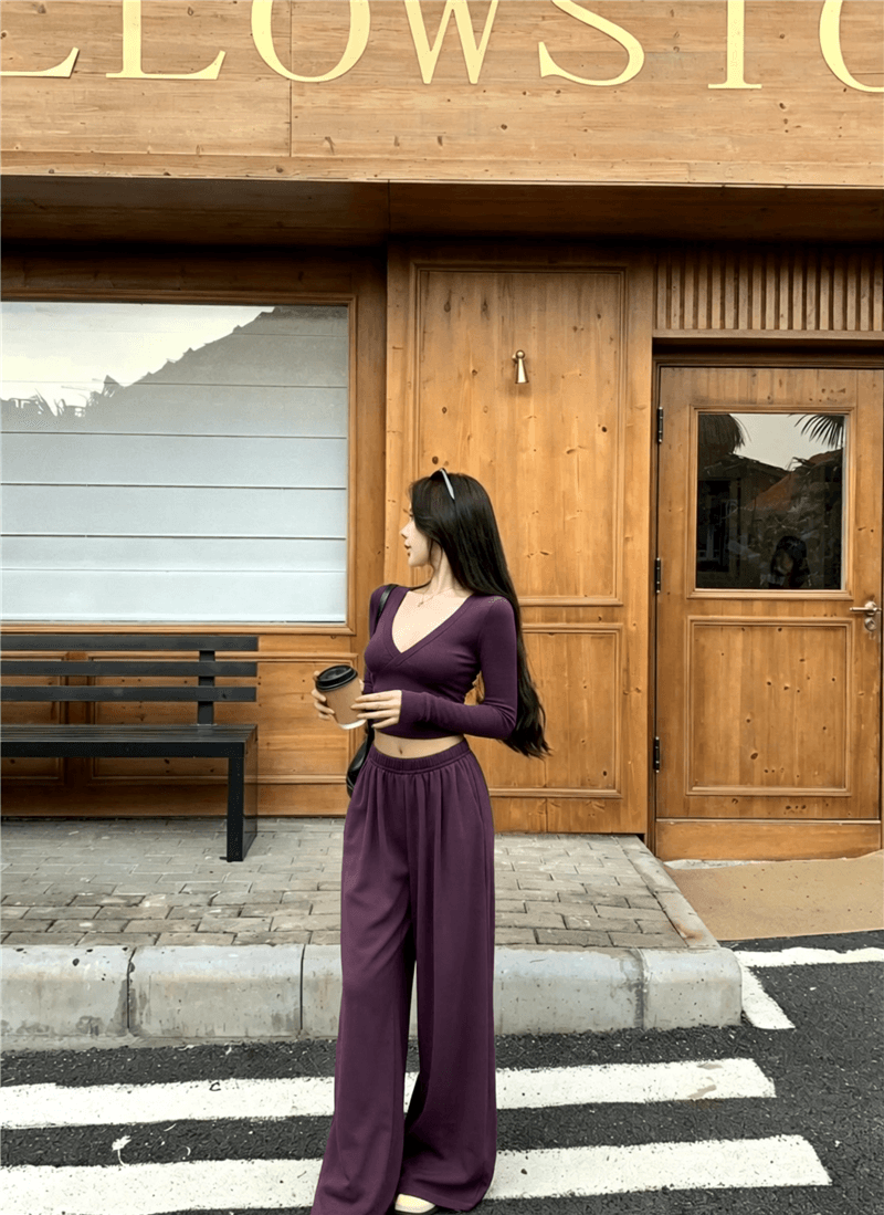 실사 이른 가을 품격 V넥 긴팔 단색 캐주얼 세트 긴팔 맨위 루즈핏 다용도 와이드 레그 팬츠 세트 상세 이미지 2