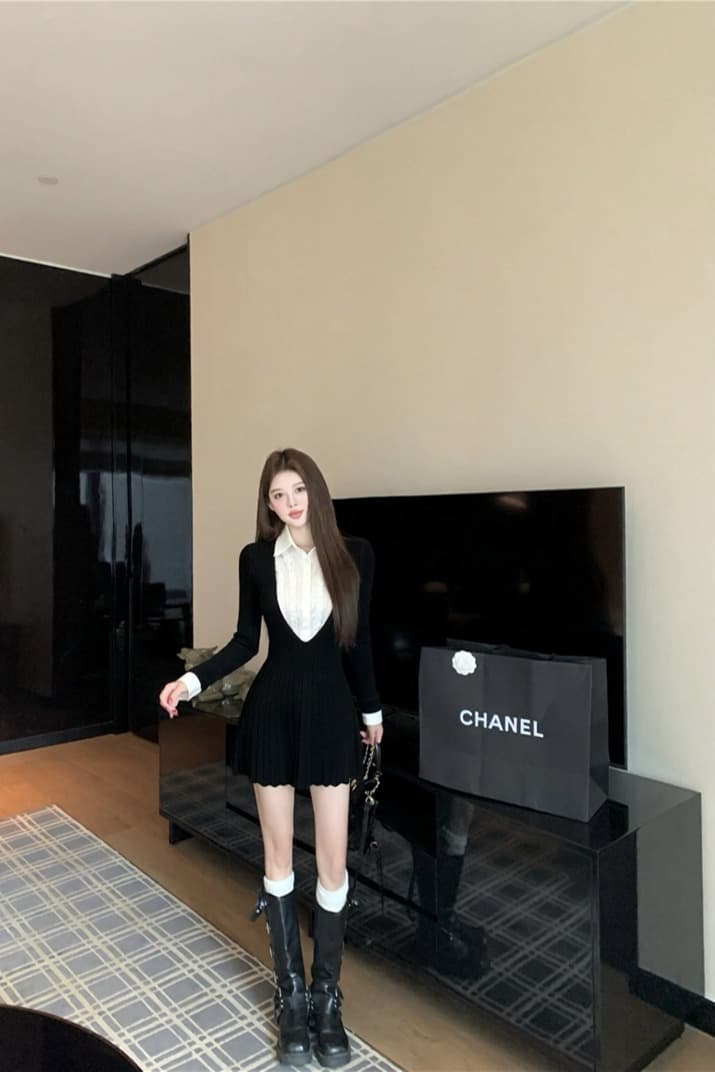 실사 가을 겨울 순수한 욕망 페이크 레이어드 셔츠 패치워크 인사이드 가져 가라. 니트 미니 스커트 이미지 5