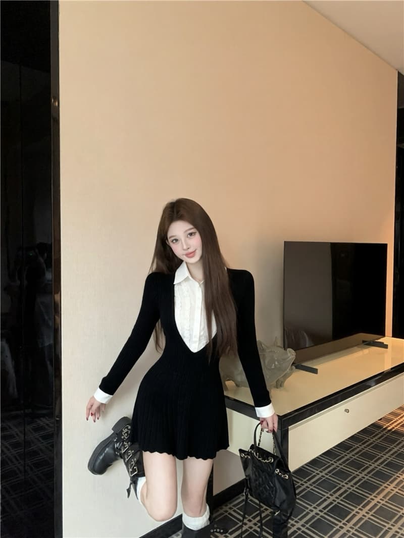 실사 가을 겨울 순수한 욕망 페이크 레이어드 셔츠 패치워크 인사이드 가져 가라. 니트 미니 스커트 상세 이미지 1