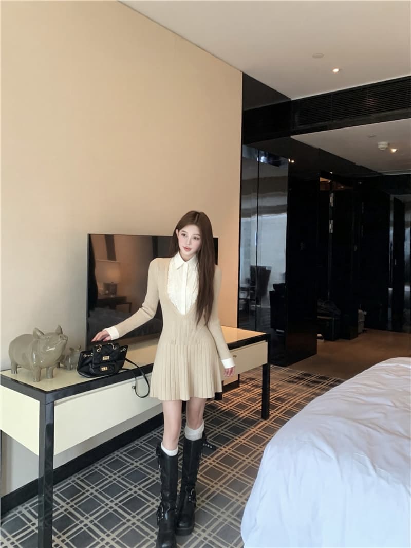 실사 가을 겨울 순수한 욕망 페이크 레이어드 셔츠 패치워크 인사이드 가져 가라. 니트 미니 스커트 상세 이미지 9