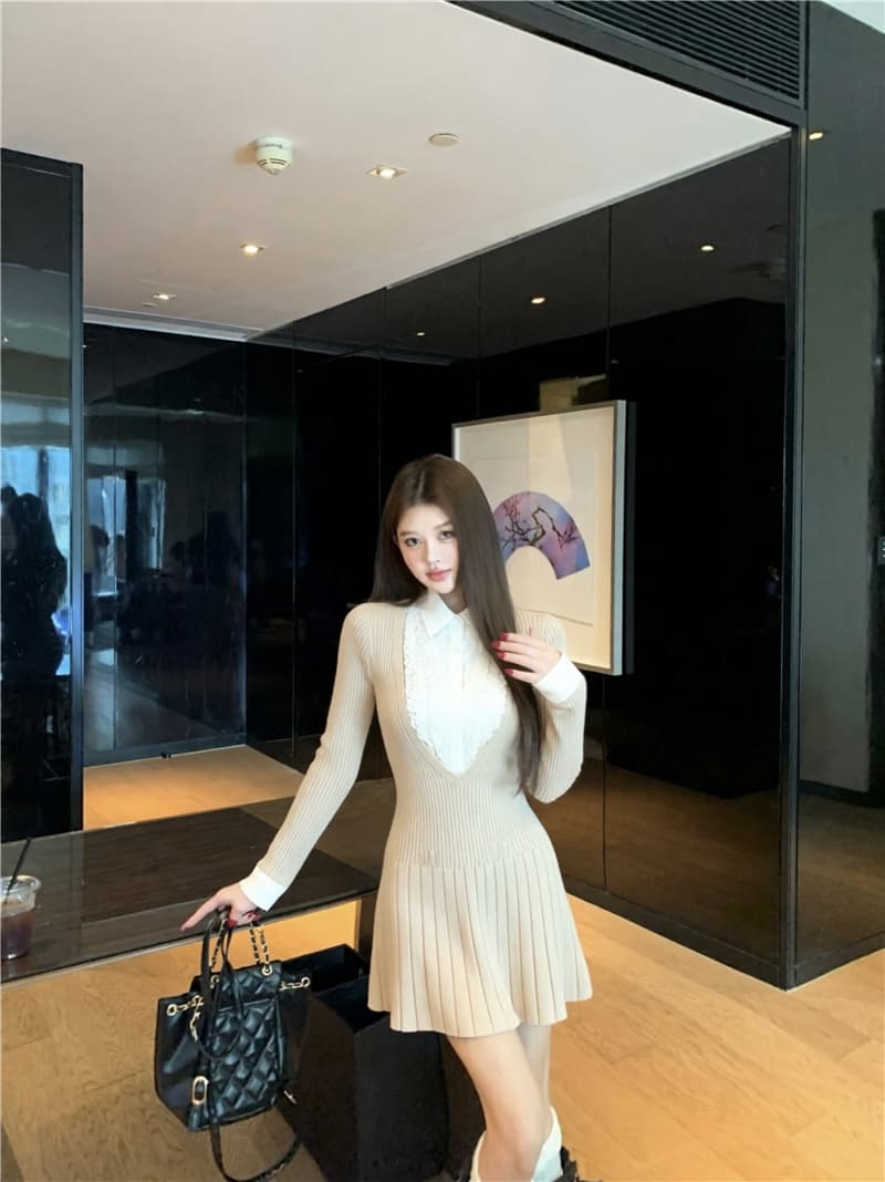 실사 가을 겨울 순수한 욕망 페이크 레이어드 셔츠 패치워크 인사이드 가져 가라. 니트 미니 스커트 상세 이미지 13