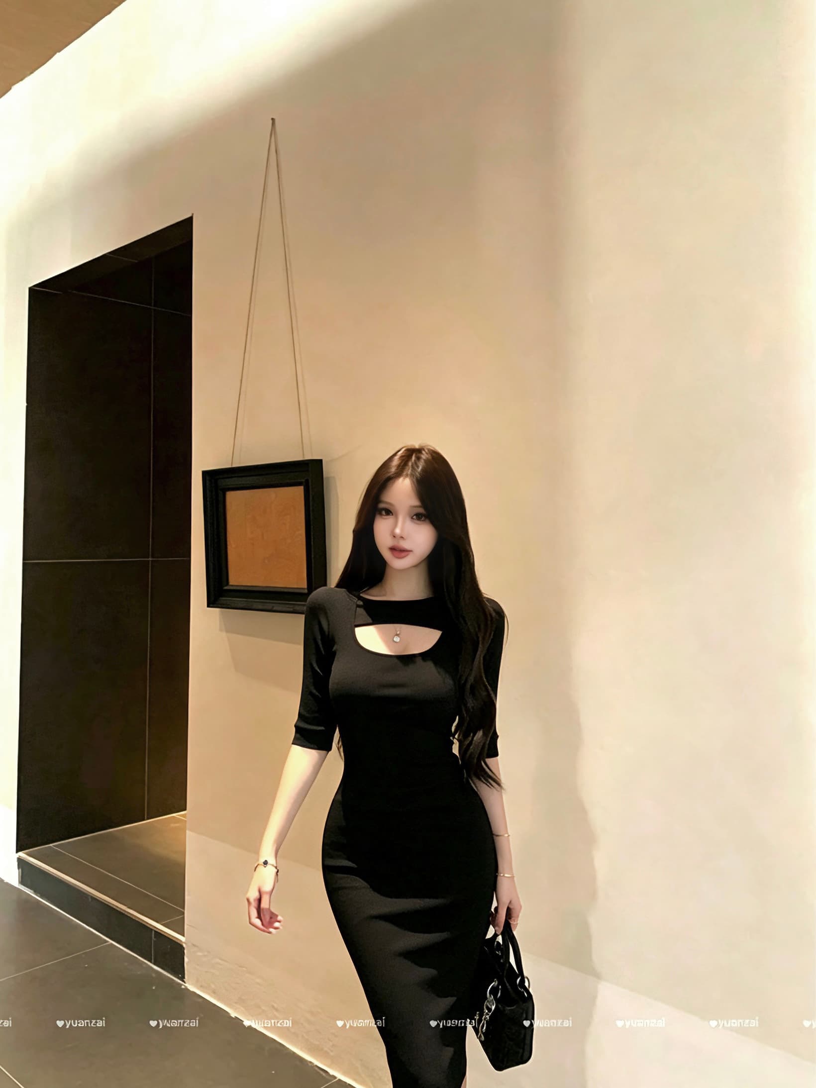 실사 흔들리는 라운드 넥 높음 폭탄 모직물 홀로우 아웃 롱 스커트 가을 겨울 허리 수축 드레스 상세 이미지 11