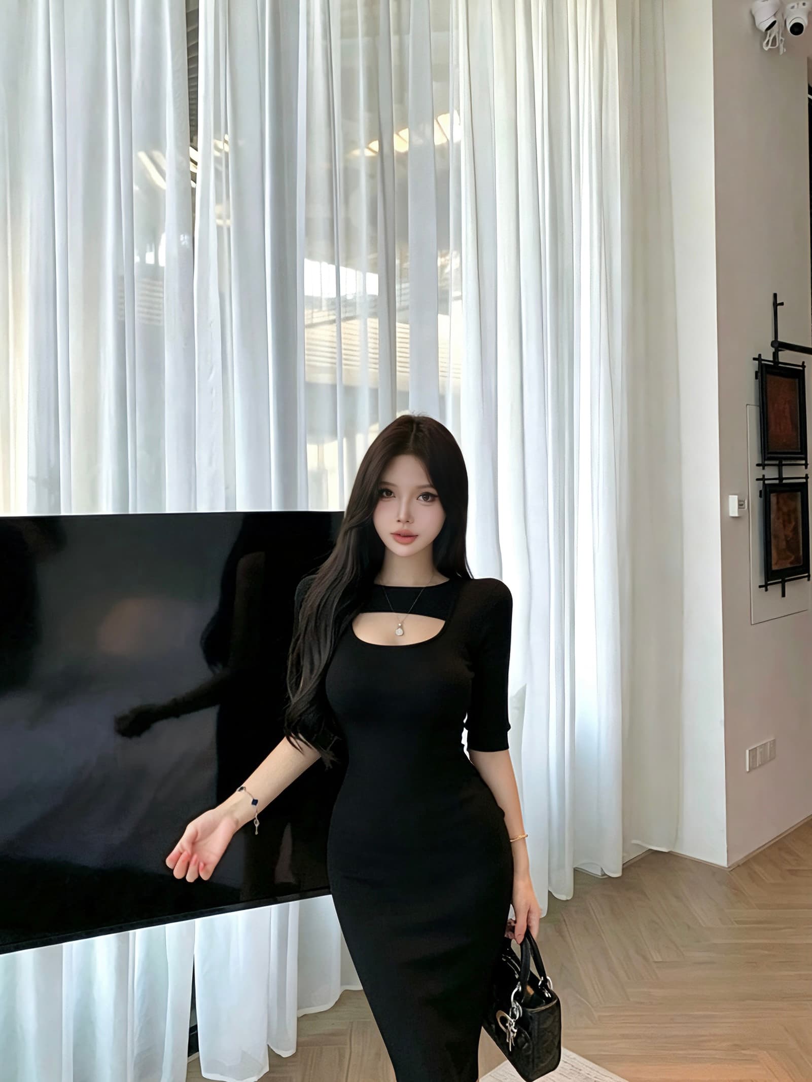 실사 흔들리는 라운드 넥 높음 폭탄 모직물 홀로우 아웃 롱 스커트 가을 겨울 허리 수축 드레스 상세 이미지 12