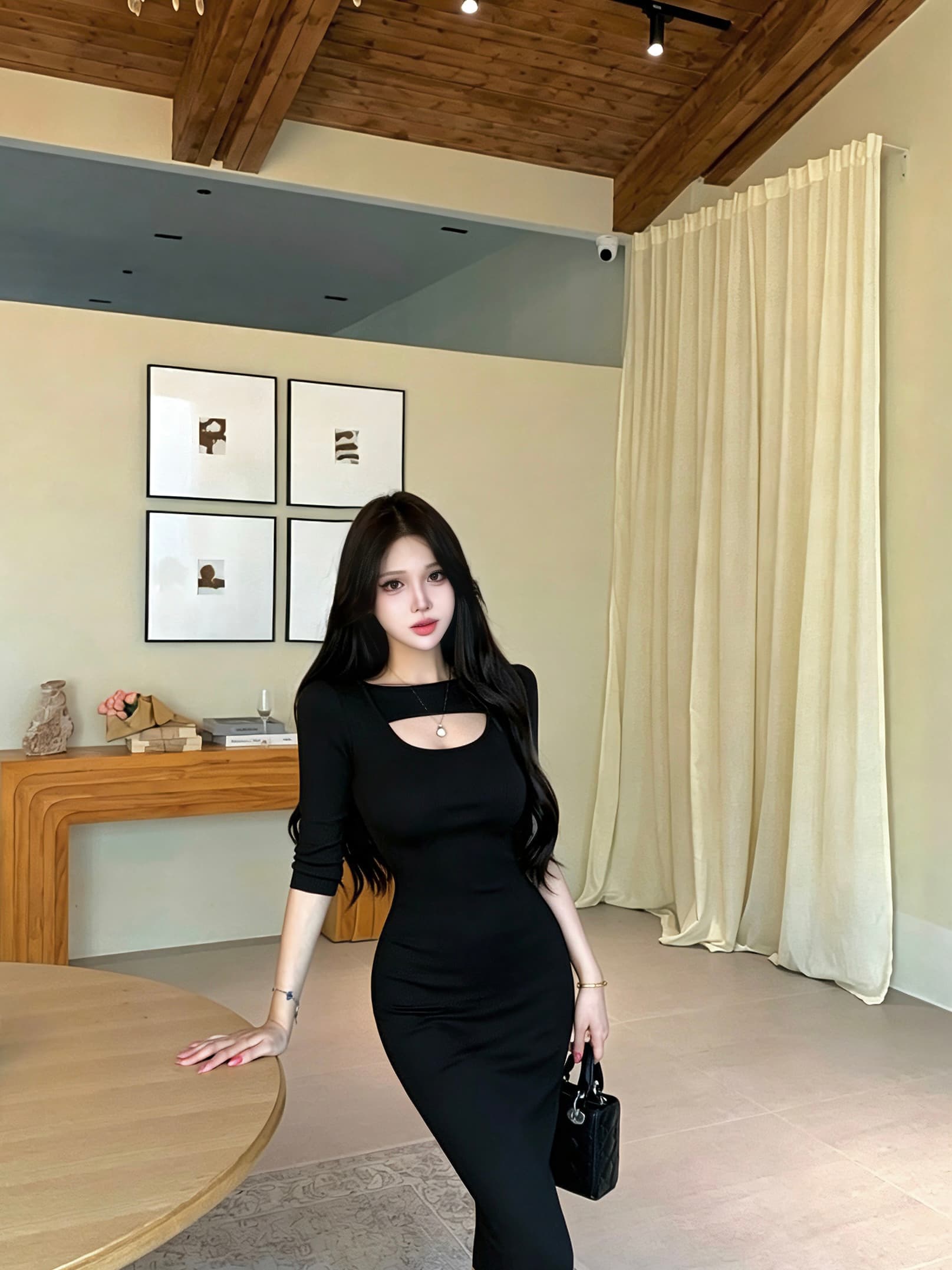 실사 흔들리는 라운드 넥 높음 폭탄 모직물 홀로우 아웃 롱 스커트 가을 겨울 허리 수축 드레스 상세 이미지 14