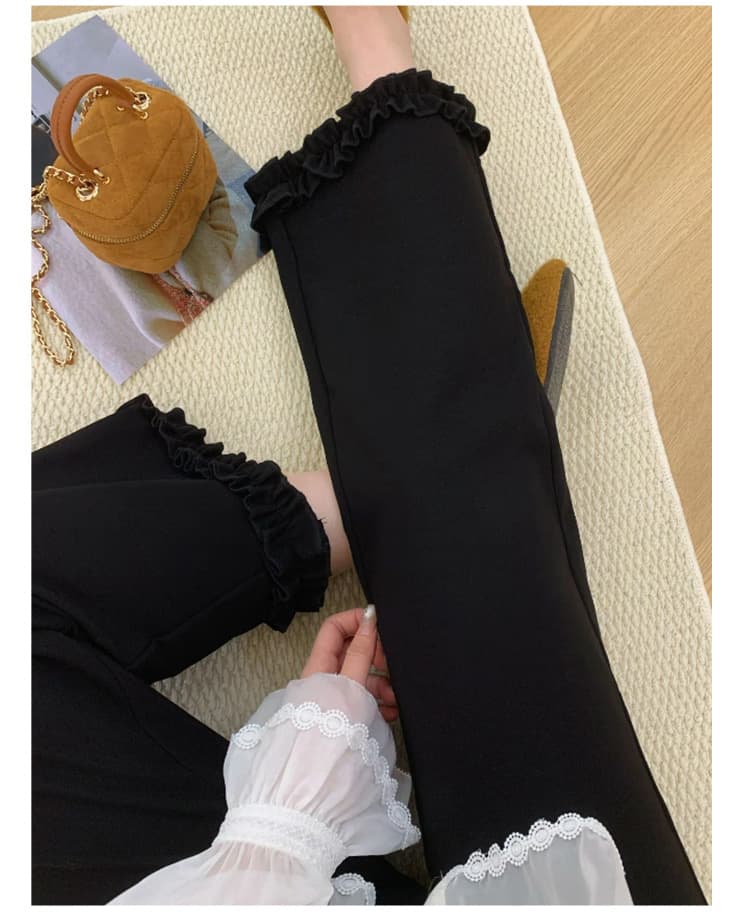 검정색 프릴 캐주얼 바지 여성 가을 겨울 털이 있고 두꺼운 작은 키 와이드 레그 팬츠 하이웨이스트 루즈핏 벽오동 바지 상세 이미지 13