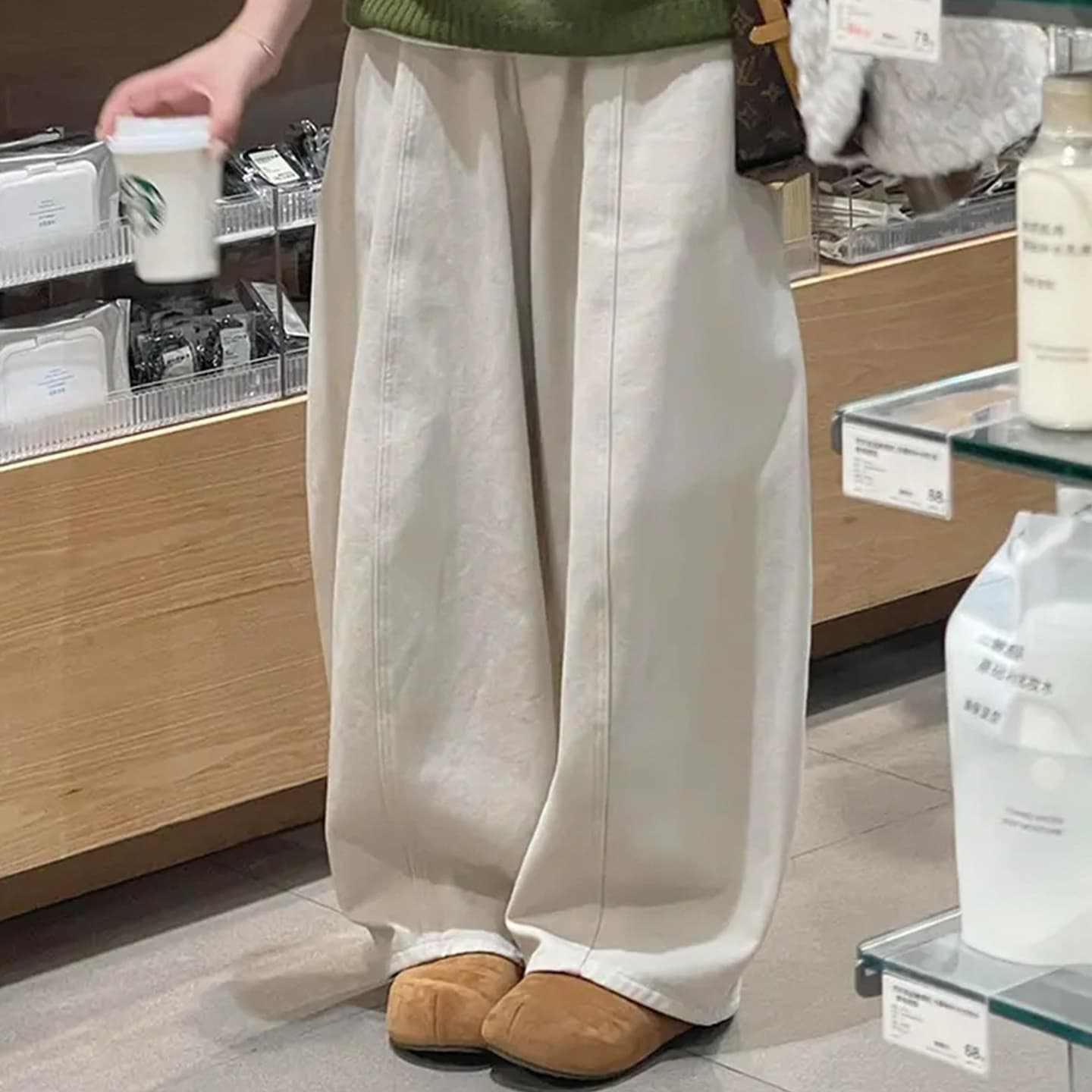 베이지 색 와이드 레깅스 바지 2026 봄 빅 사이즈 지방 mm 하이웨이스트 슬림해 보이는 루즈핏 느긋한 슬림해 보이는 모통이 칼 캐주얼 바지
