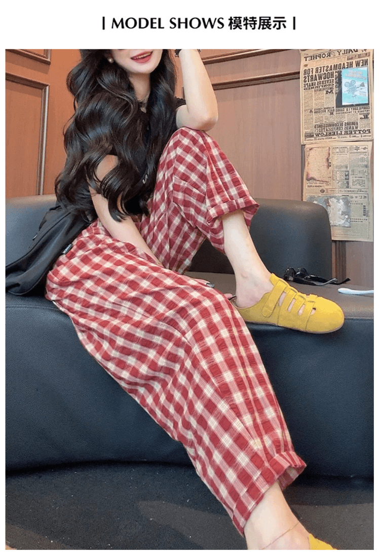 2026 년 새로운 와이드 레깅스 바지 레트로 체크무늬 할란 바지 여름 루즈핏 슬림해 보이는 빅 사이즈 조거 캐주얼 바지 상세 이미지 14