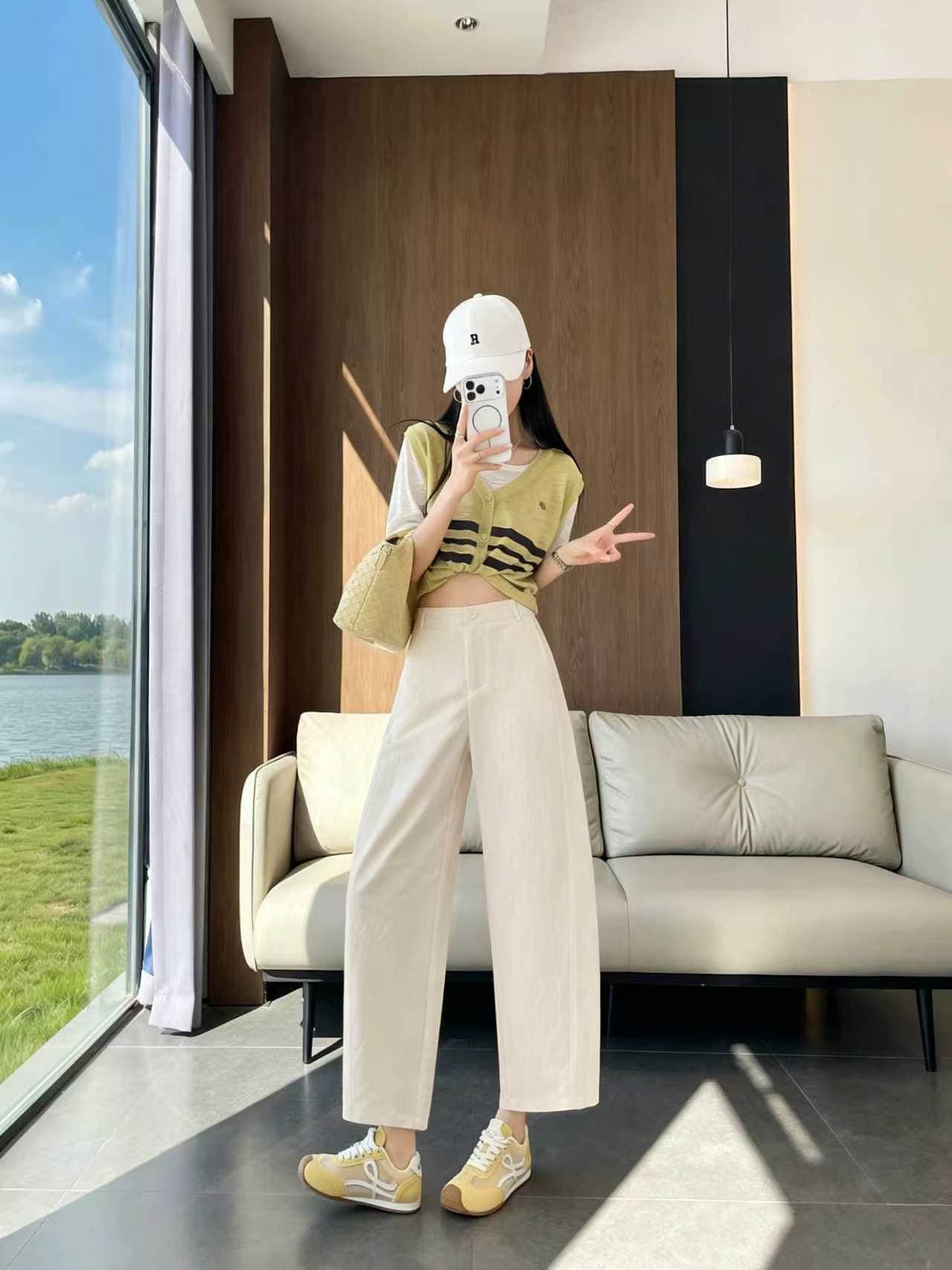 실사 새로운 바다 소금 종이 바지 와이드 레깅스 바지 여름 얇은 스타일 8 점 9부 바지 루즈핏 슬림해 보이는 캐주얼 스트레이트 팬츠 이미지 4