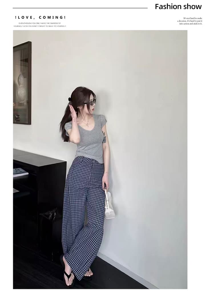 섬 버블 면 체크무늬 바지 마이크로 주름 질감 센스 루즈핏 슬림해 보이는 낫 캐주얼 긴 바지 여성 여름 품격 새로운 상세 이미지 11