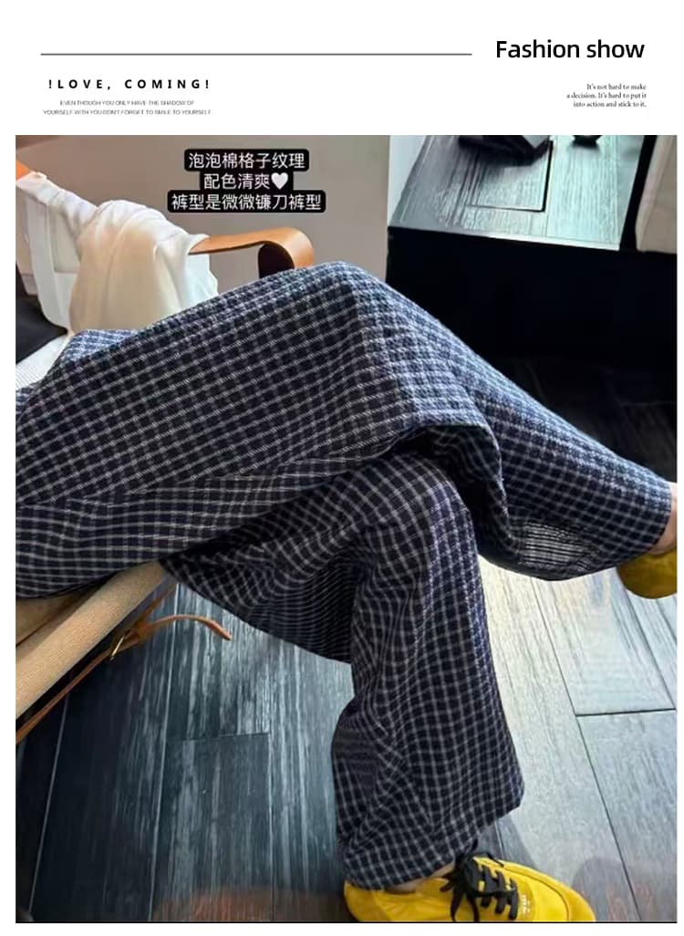 섬 버블 면 체크무늬 바지 마이크로 주름 질감 센스 루즈핏 슬림해 보이는 낫 캐주얼 긴 바지 여성 여름 품격 새로운 상세 이미지 14