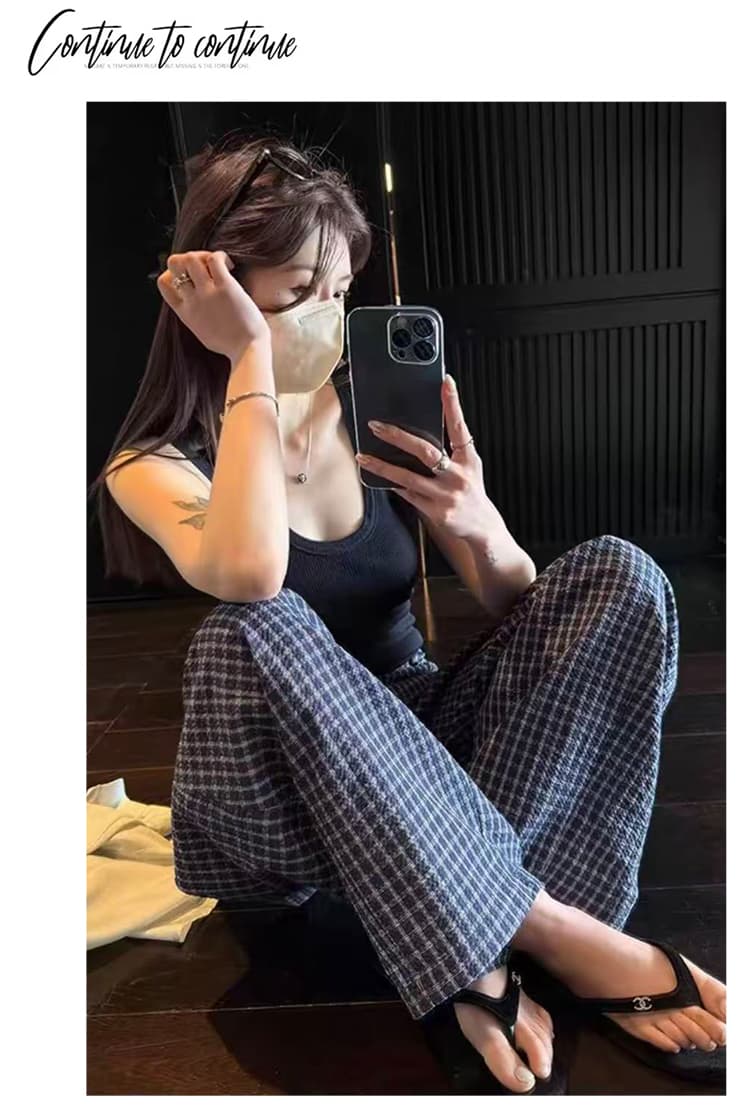 섬 버블 면 체크무늬 바지 마이크로 주름 질감 센스 루즈핏 슬림해 보이는 낫 캐주얼 긴 바지 여성 여름 품격 새로운 상세 이미지 15