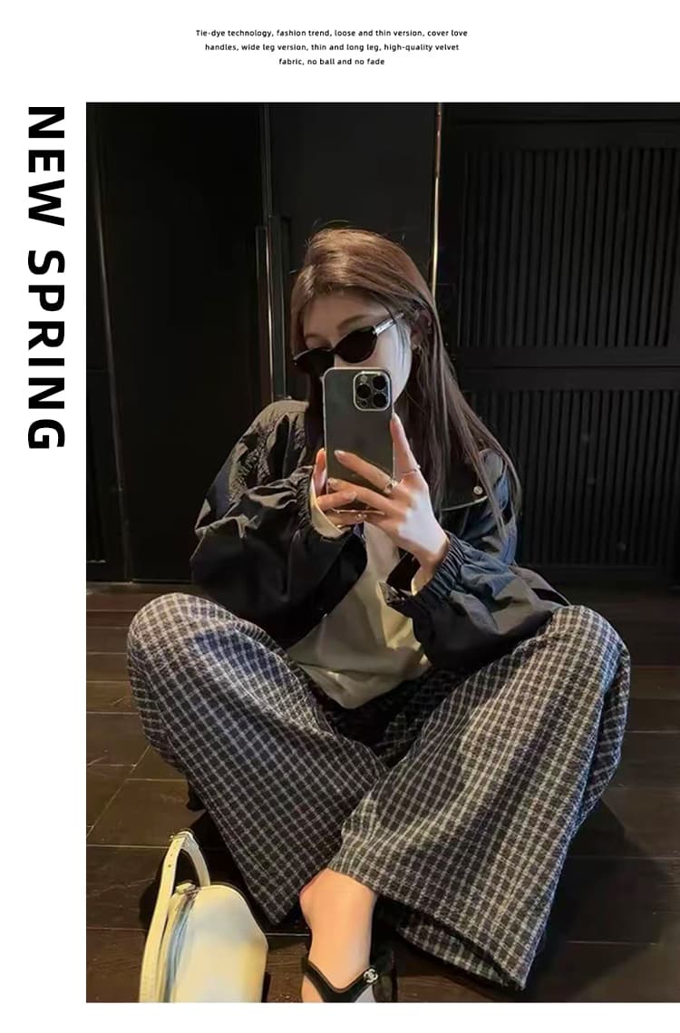 섬 버블 면 체크무늬 바지 마이크로 주름 질감 센스 루즈핏 슬림해 보이는 낫 캐주얼 긴 바지 여성 여름 품격 새로운 상세 이미지 16
