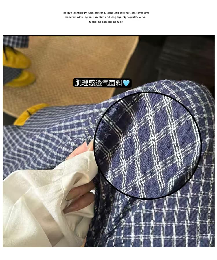섬 버블 면 체크무늬 바지 마이크로 주름 질감 센스 루즈핏 슬림해 보이는 낫 캐주얼 긴 바지 여성 여름 품격 새로운 상세 이미지 19