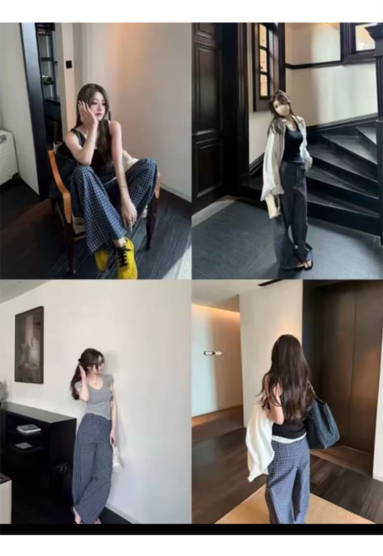 섬 버블 면 체크무늬 바지 마이크로 주름 질감 센스 루즈핏 슬림해 보이는 낫 캐주얼 긴 바지 여성 여름 품격 새로운 상세 이미지 20