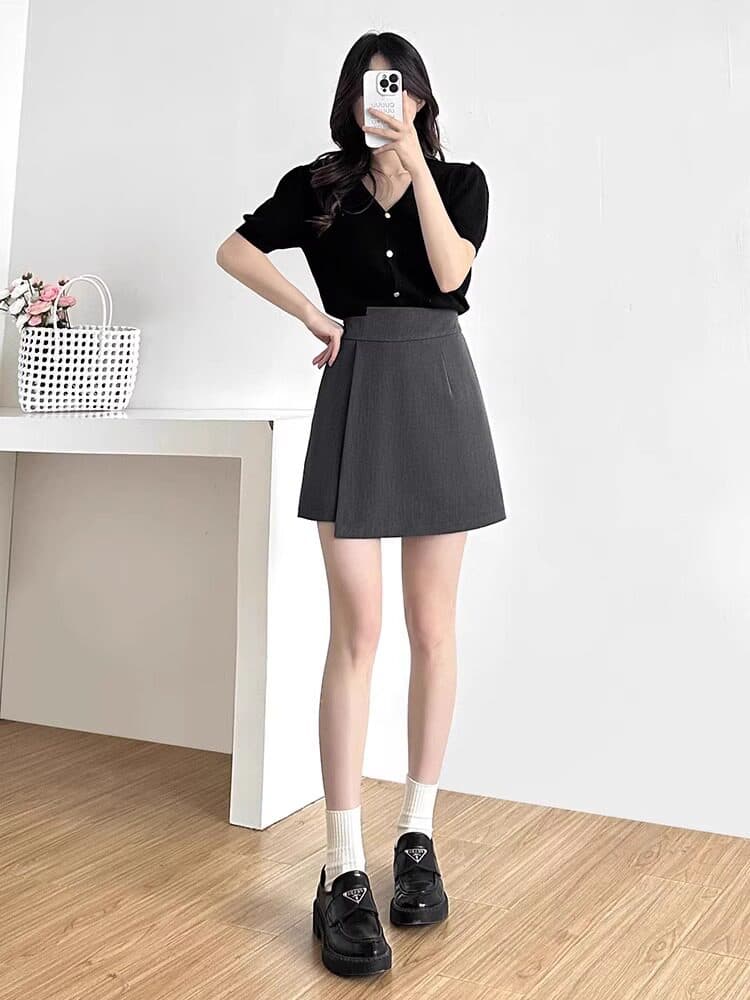 검정색 반신 스커트 여성 빅 사이즈 배 종류 몸 지방 mm 하이웨이스트 표지 배 슬림해 보이는 A라인 스커트 작은 키 정장 치마바지 상세 이미지 5
