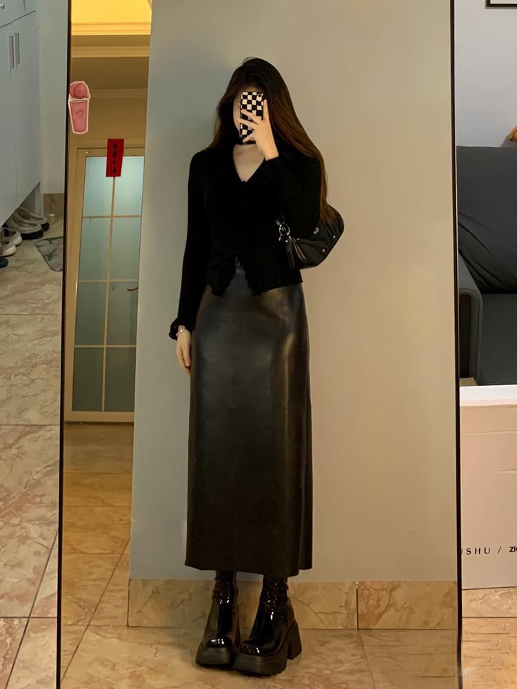 빅 사이즈 가죽 스커트 여성 가을 겨울 새로운 하이웨이스트 슬림해 보이는 바보 빛 pu 작은 스트레이트 이후 트임 한 걸음 중간 길이 반신 스커트 상세 이미지 2