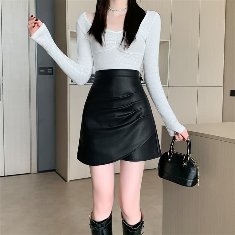 지방 mm 검정색 가죽 스커트 여성 가을 겨울 새로운 하이웨이스트 노출 방지 반신 스커트 빅 사이즈 주름 불규칙 한 마디 미니 스커트 상세 이미지 4