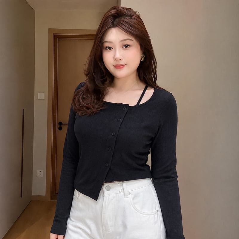 빅 사이즈 여성 의류 긴팔 티셔츠 여성 기본 셔츠 가을 새로운 지방 mm 슬림해 보이는 표지 배 불규칙 맨위 여성 상세 이미지 5