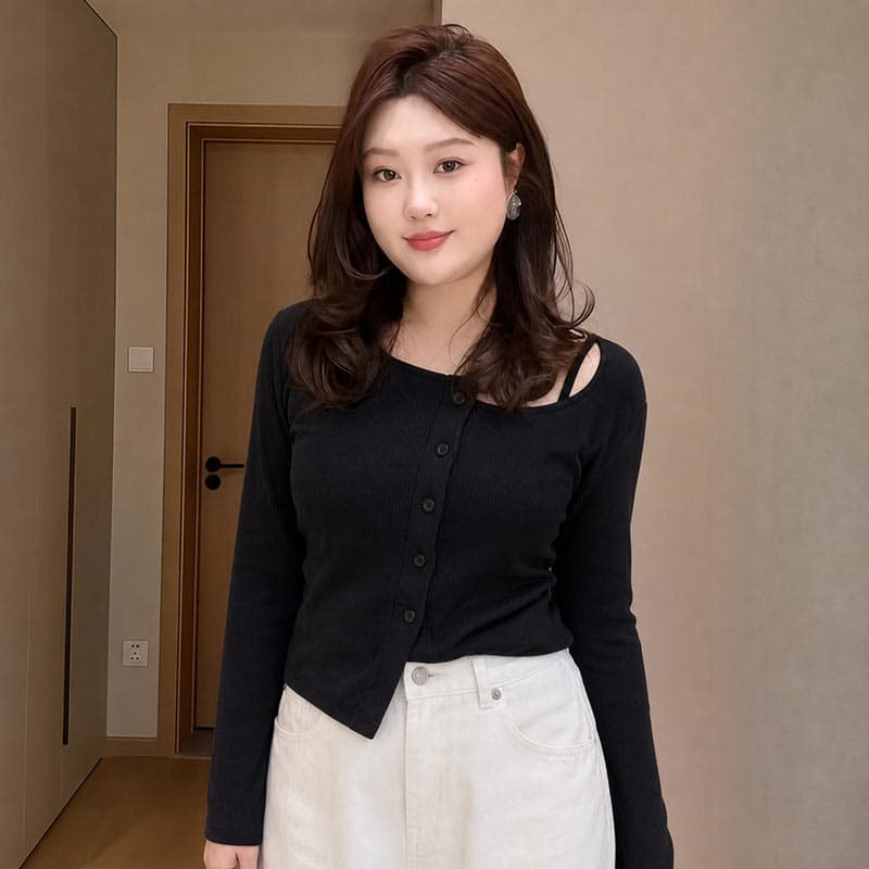 빅 사이즈 여성 의류 긴팔 티셔츠 여성 기본 셔츠 가을 새로운 지방 mm 슬림해 보이는 표지 배 불규칙 맨위 여성 이미지 3