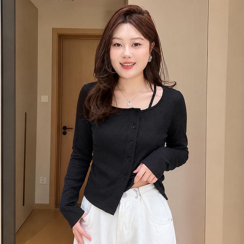 빅 사이즈 여성 의류 긴팔 티셔츠 여성 기본 셔츠 가을 새로운 지방 mm 슬림해 보이는 표지 배 불규칙 맨위 여성 이미지 2