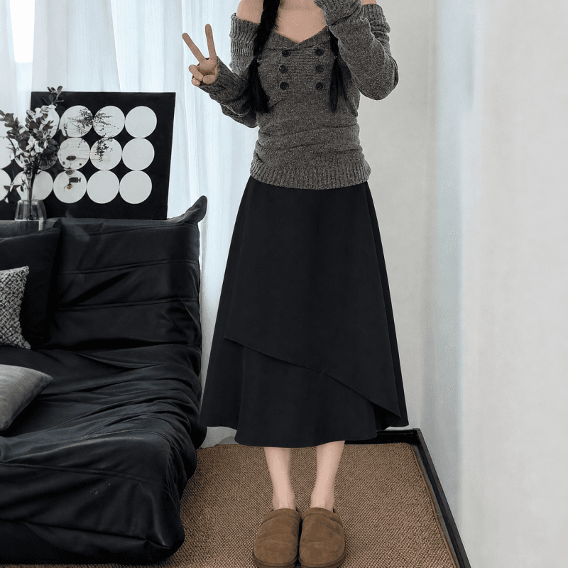 불규칙 정장 반신 스커트 여성 가을 겨울 빅 사이즈 여성 의류 지방 mm 하이웨이스트 슬림해 보이는 중간 길이 한 마디 치마 상세 이미지 5