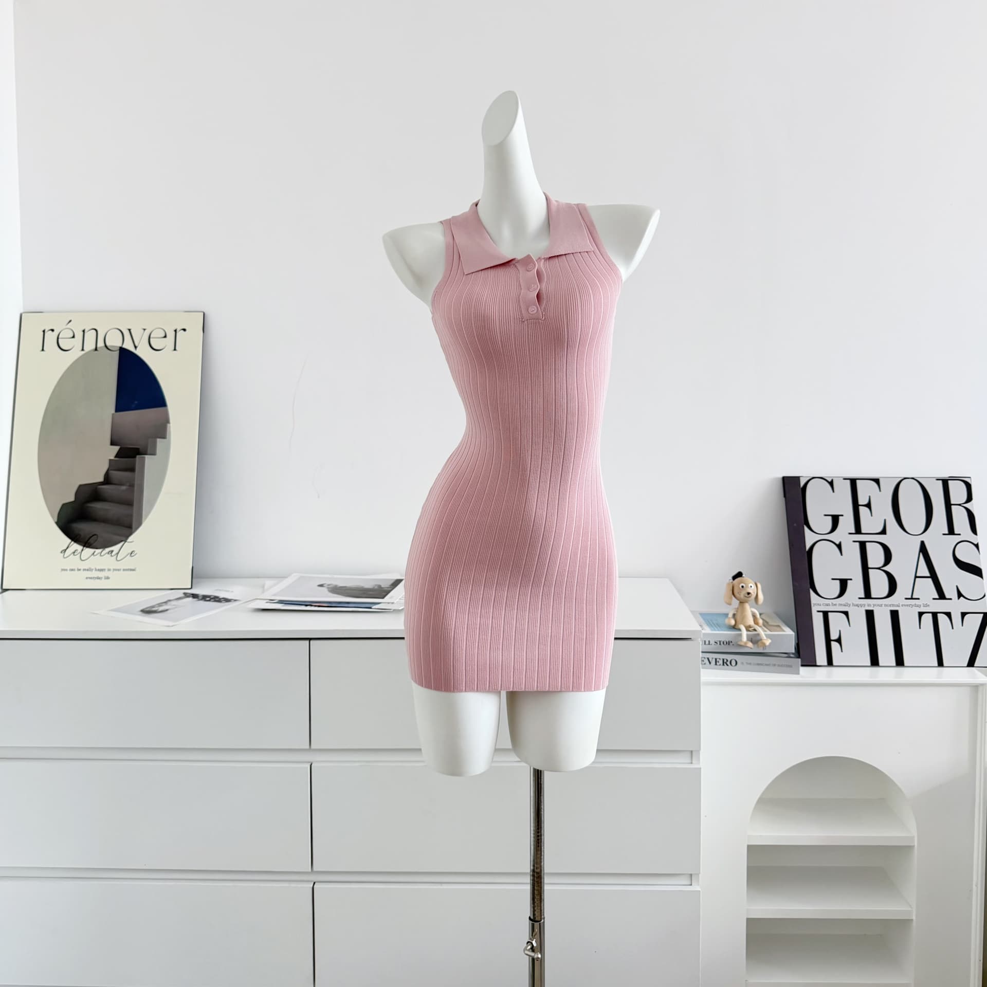 fsrt shop 딸기 소프트 캔디 핑크색 폴로 칼라 민소매 조끼 여성 드레스 여름 타이트 스커트 천천히 여단 치마 상세 이미지 11