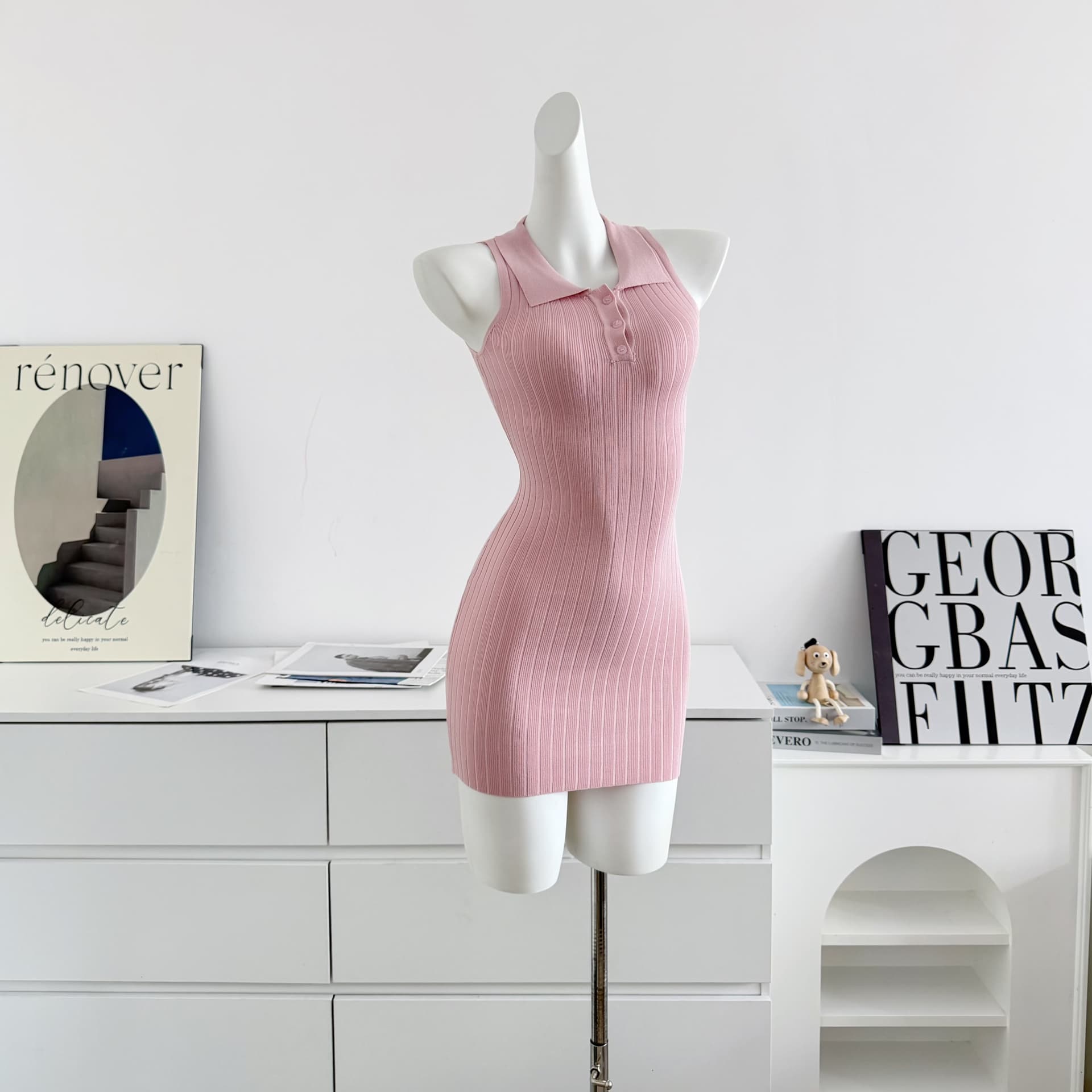 fsrt shop 딸기 소프트 캔디 핑크색 폴로 칼라 민소매 조끼 여성 드레스 여름 타이트 스커트 천천히 여단 치마 상세 이미지 12